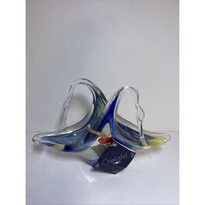 Vintage Lavorazione Christalvi Art Glass Twin Swan Blue & Yellow Naples, Italy